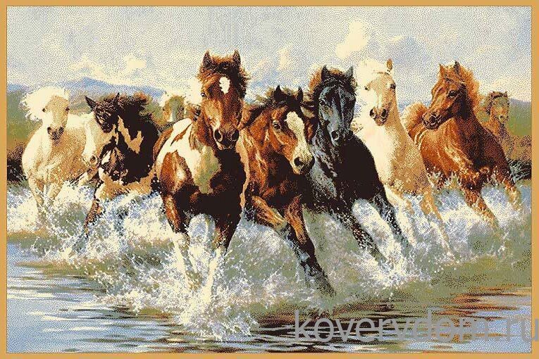 Шерстяной пейзажный ковер Hunnu 6S910 82 бегущие лошади